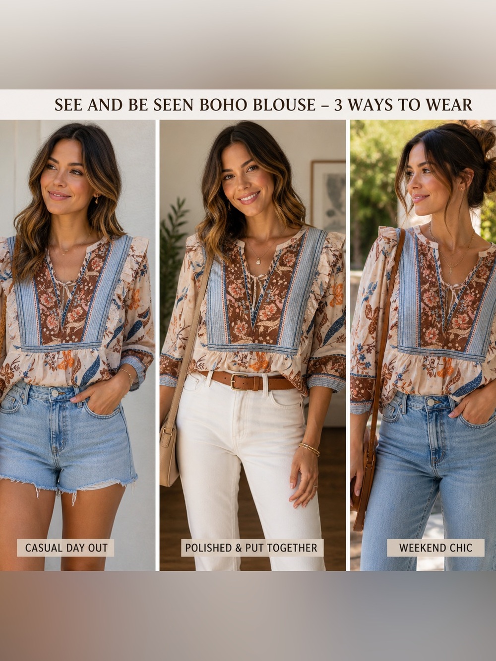 See and Be Seen Boho Floral Blouse RuffleTrim Peasant Top Blue Brown Cream NWT